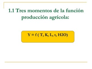 1.1 Tres momentos de la función
      producción agrícola:


       Y = f ( T, K, L, t, H2O)
 