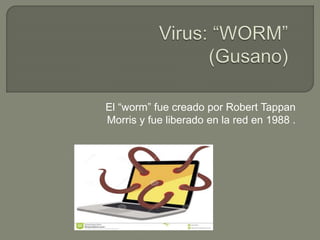 El “worm” fue creado por Robert Tappan
Morris y fue liberado en la red en 1988 .
 