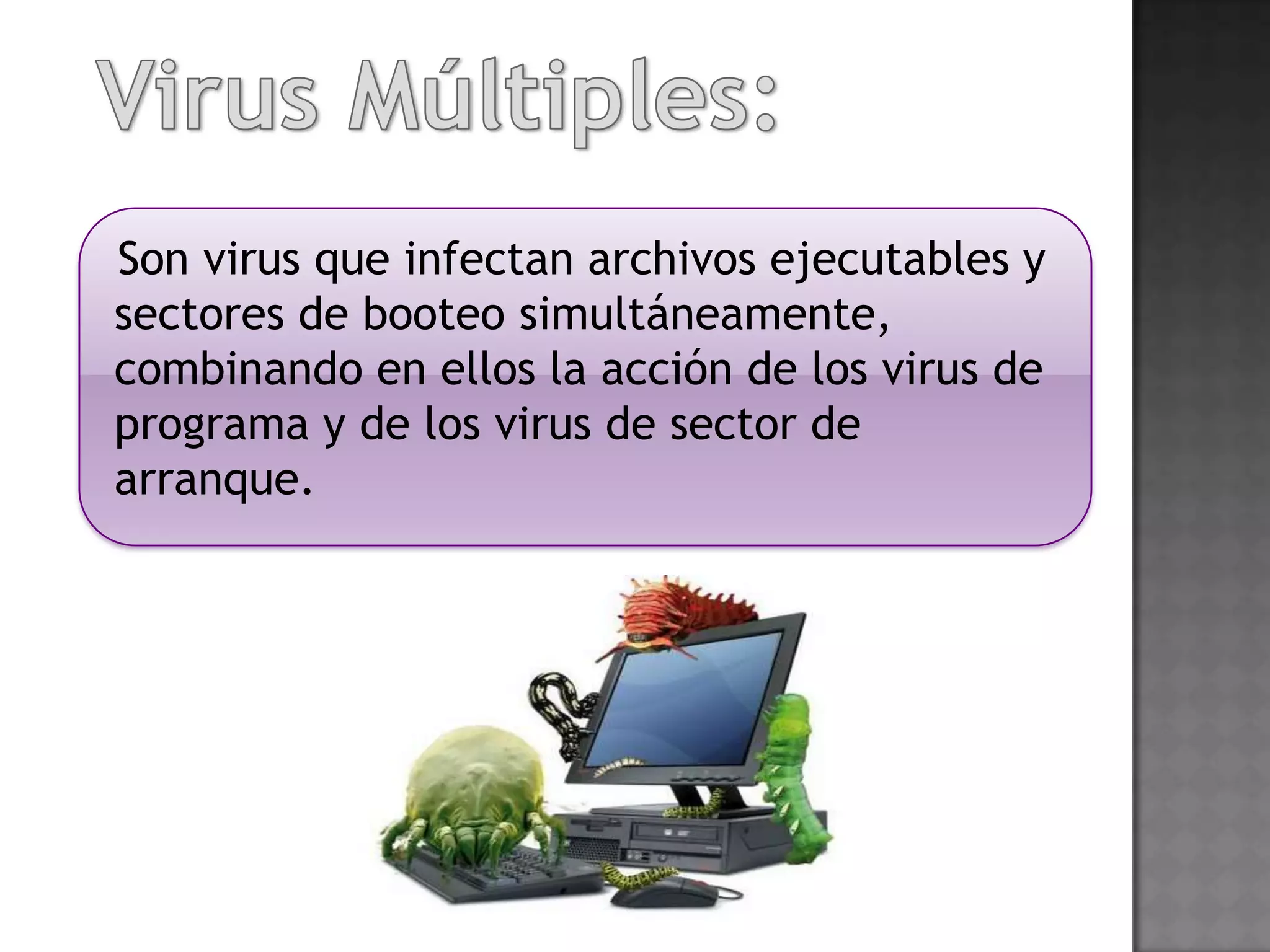 Son virus que infectan archivos ejecutables y
sectores de booteo simultáneamente,
combinando en ellos la acción de los virus de
programa y de los virus de sector de
arranque.
 