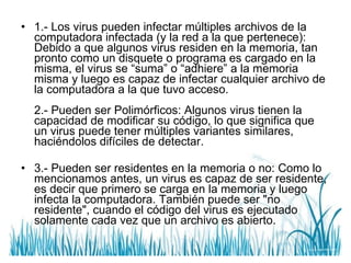1.- Los virus pueden infectar múltiples archivos de la computadora infectada (y la red a la que pertenece): Debido a que algunos virus residen en la memoria, tan pronto como un disquete o programa es cargado en la misma, el virus se “suma” o “adhiere” a la memoria misma y luego es capaz de infectar cualquier archivo de la computadora a la que tuvo acceso. 2.- Pueden ser Polimórficos: Algunos virus tienen la capacidad de modificar su código, lo que significa que un virus puede tener múltiples variantes similares, haciéndolos difíciles de detectar. 3.- Pueden ser residentes en la memoria o no: Como lo mencionamos antes, un virus es capaz de ser residente, es decir que primero se carga en la memoria y luego infecta la computadora. También puede ser "no residente", cuando el código del virus es ejecutado solamente cada vez que un archivo es abierto. 