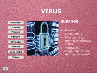 Virus Boot 
Gusano 
Troyano 
hijacjers 
Keylogger 
Zombie 
Virus Macro 
Videos 
GUSANOS : 
 Ataca la 
computadora. 
 Se propaga por 
internet enviándose 
e-mail. 
 Infecta las 
computadoras que 
abran aquel e-mail. 
 