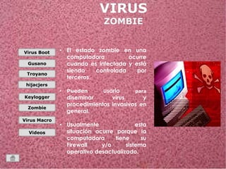 Virus Boot 
Gusano 
Troyano 
hijacjers 
Keylogger 
Zombie 
Virus Macro 
Videos 
• El estado zombie en una 
computadora ocurre 
cuando es infectada y está 
siendo controlada por 
terceros. 
• Pueden usarlo para 
diseminar virus y 
procedimientos invasivos en 
general. 
• Usualmente esta 
situación ocurre porque la 
computadora tiene su 
Firewall y/o sistema 
operativo desactualizado. 
 