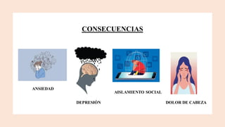 CONSECUENCIAS
ANSIEDAD
DEPRESIÓN
AISLAMIENTO SOCIAL
DOLOR DE CABEZA
 