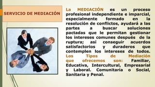 SERVICIO DE MEDIACIÓN

La
MEDIACIÓN
es
un
proceso
profesional independiente e imparcial,
especialmente
formado
en
la
resolución de conflictos, ayudará a las
partes
a
buscar
soluciones
pactadas que le permitan gestionar
los intereses comunes después de la
ruptura;
así
conseguir
acuerdos
satisfactorios
y
duraderos
que
contemplen los intereses de todos.
Los
Tipos
de
Mediación
que
ofrecemos
son:
Familiar,
Educativa, Intercultural, Empresarial
y Laboral. Comunitaria o Social,
Sanitaria y Penal.

 