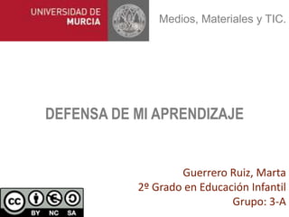 Medios, Materiales y TIC.
DEFENSA DE MI APRENDIZAJE
Guerrero Ruiz, Marta
2º Grado en Educación Infantil
Grupo: 3-A
 
