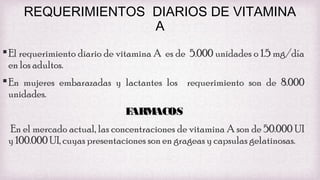REQUERIMIENTOS DIARIOS DE VITAMINA
A
 El requerimiento diario de vitamina A es de 5.000 unidades o 1.5 mg/día
en los adultos.
 En mujeres embarazadas y lactantes los requerimiento son de 8.000
unidades.
F
ARM
ACOS
En el mercado actual, las concentraciones de vitamina A son de 50.000 UI
y 100.000 UI, cuyas presentaciones son en grageas y capsulas gelatinosas.

 