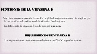 F
UNCIONE DE L VIT INA E
S
A
AM
Esta vitamina participa en la formación de glóbulos rojos, músculos y otros tejidos y en
la prevención de la oxidación de la vitamina A y las grasas.
La deficiencia de vitamina E puede producir anemia.
RE
QUE
RIM NT DE VIT INA E
IE OS
AM
:
Los requerimientos diarios recomendados son de 25 a 30 mg en los adultos.

 