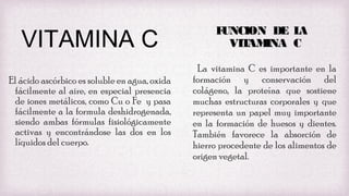 VITAMINA C

F
UNCION DE L
A
VIT INA C
AM

El ácido ascórbico es soluble en agua, oxida
fácilmente al aire, en especial presencia
de iones metálicos, como Cu o Fe y pasa
fácilmente a la formula deshidrogenada,
siendo ambas fórmulas fisiológicamente
activas y encontrándose las dos en los
líquidos del cuerpo.

La vitamina C es importante en la
formación y conservación del
colágeno, la proteína que sostiene
muchas estructuras corporales y que
representa un papel muy importante
en la formación de huesos y dientes.
También favorece la absorción de
hierro procedente de los alimentos de
origen vegetal.

 