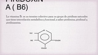 PIRIDOXIN
A ( B6)
La vitamina B es un termino colectivo para un grupo de piridinas naturales
que tiene interrelación metabólica y funcional, a saber piridoxina, piridoxal y
piridoxamina.
6

N
H3C

HO

CH2OH

CH2OH

 