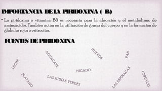 IM ORT
P
ANCIA DE L P
A IRIDOXINA ( B )
6
• La piridoxina o vitamina B6 es necesaria para la absorción y el metabolismo de
aminoácidos. También actúa en la utilización de grasas del cuerpo y en la formación de
glóbulos rojos o eritrocitos.

F NT S DE P
UE E
IRIDOXINA
H
S
S

LE

TE

CH

CA

E

O

UA

EV

PAN

U

AG

O

CA
A
IN
SP
SE

LES

AN

AS V
ERD
ES

LA

AT

JUDÍ

REA

PL

LAS

CE

HIGADO

 