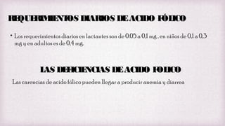RE
QUE
RIM NT DIARIOS DE ACIDO F ICO
IE OS
ÓL
• Los requerimientos diarios en lactantes son de 0.05 a 0,1 mg , en niños de 0,1 a 0,3
mg y en adultos es de 0,4 mg.

L DE ICIE
AS F
NCIAS DE ACIDO F ICO
OL
Las carencias de acido fólico pueden llegar a producir anemia y diarrea

 