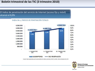 Boletíntrimestral de las TIC (3 trimestre 2010)El índice de penetración del servicio de Internet (acceso fijo y móvil) alcanzó el 8,9%  