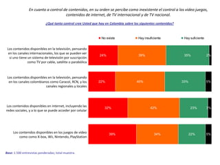 Aunque todas las TIC’s son muy importantes, es claro que el celular y el Internet son los más valorados, mientras que el computador y la TV son los menos.¿Qué tan importante es en su vida diaria cada una de las siguientes tecnologías? (De 1= Nada importante; a 5= Muy importante)BaseBase:Quienes tienen o usan cada tecnología.