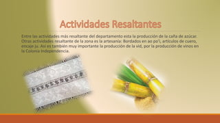 Entre las actividades más resaltante del departamento esta la producción de la caña de azúcar.
Otras actividades resaltante de la zona es la artesanía: Bordados en ao po'i, artículos de cuero,
encaje ju. Así es también muy importante la producción de la vid, por la producción de vinos en
la Colonia Independencia.
 