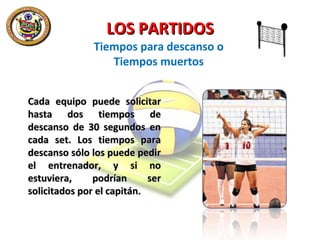 LOS PARTIDOS

Tiempos para descanso o
Tiempos muertos
Cada equipo puede solicitar
hasta dos tiempos de
descanso de 30 segundos en
cada set. Los tiempos para
descanso sólo los puede pedir
el entrenador, y si no
estuviera,
podrían
ser
solicitados por el capitán.

 