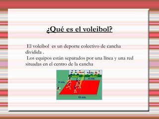 ¿Qué es el voleibol?

 El voleibol es un deporte colectivo de cancha
dividida .
 Los equipos están separados por una línea y una red
situadas en el centro de la cancha
 