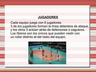 JUGADORES
Cada equipo juega con 6 jugadores.
3 de los jugadores forman la línea delantera de ataque,
y los otros 3 actúan atrás de defensores o zagueros.
Los líberos son los únicos que pueden vestir con
un color distinto al del resto del equipo.
 