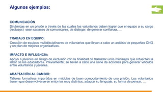 Algunos ejemplos:
COMUNICACIÓN
Dinámicas en un prisión a través de las cuales los voluntarios deben lograr que el equipo a su cargo
(reclusos) sean capaces de comunicarse, de dialogar, de generar confianza, …
TRABAJO EN EQUIPO:
Creación de equipos multidisciplinares de voluntarios que llevan a cabo un análisis de pequeñas ONG
y un plan de mejoras organizativas.
IMPACTO E INFLUENCIA:
Apoyo a jóvenes en riesgo de exclusión con la finalidad de trasladar unos mensajes que refuerzan la
labor de los educadores. Previamente, se llevan a cabo una serie de acciones para generar vínculos
entre voluntarios y jóvenes.
ADAPTACIÓN AL CAMBIO:
Talleres formativos impartidos en módulos de buen comportamiento de una prisión. Los voluntarios
tienen que desenvolverse en entornos muy distintos, adaptar su lenguaje, su forma de pensar, …
 