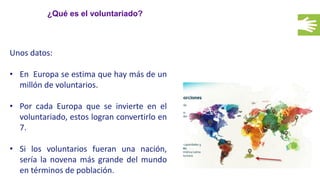 ¿Qué es el voluntariado?
Unos datos:
• En Europa se estima que hay más de un
millón de voluntarios.
• Por cada Europa que se invierte en el
voluntariado, estos logran convertirlo en
7.
• Si los voluntarios fueran una nación,
sería la novena más grande del mundo
en términos de población.
 