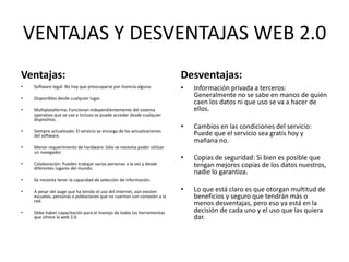 VENTAJAS Y DESVENTAJAS WEB 2.0
Ventajas:
• Software legal: No hay que preocuparse por licencia alguna.
• Disponibles desde cualquier lugar.
• Multiplataforma: Funcionan independientemente del sistema
operativo que se use e incluso se puede acceder desde cualquier
dispositivo.
• Siempre actualizado: El servicio se encarga de las actualizaciones
del software.
• Menor requerimiento de hardware: Sólo se necesita poder utilizar
un navegador.
• Colaboración: Pueden trabajar varias personas a la vez y desde
diferentes lugares del mundo.
• Se necesita tener la capacidad de selección de información.
• A pesar del auge que ha tenido el uso del Internet, aún existen
escuelas, personas o poblaciones que no cuentan con conexión a la
red.
• Debe haber capacitación para el manejo de todas las herramientas
que ofrece la web 2.0.
Desventajas:
• Información privada a terceros:
Generalmente no se sabe en manos de quién
caen los datos ni que uso se va a hacer de
ellos.
• Cambios en las condiciones del servicio:
Puede que el servicio sea gratis hoy y
mañana no.
• Copias de seguridad: Si bien es posible que
tengan mejores copias de los datos nuestros,
nadie lo garantiza.
• Lo que está claro es que otorgan multitud de
beneficios y seguro que tendrán más o
menos desventajas, pero eso ya está en la
decisión de cada uno y el uso que las quiera
dar.
 