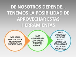PARA
                                 ENRIQUECER
                     PARA
 PARA HACER                       NUESTRAS
                 COMPARTIR EL
MAS SENCILLA Y                      CLASES
                 LENGUAJE DE
 MOTIVADORA                      USANDO LOS
                  NUESTROS
NUESTRA TAREA                   RECURSOS QUE
                   ALUMNOS
                                 LA REALIDAD
                                 NOS OFRECE
 