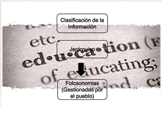 Clasificación de la InformaciónJerárquicoFolcsonomias (Gestionadas por el pueblo)