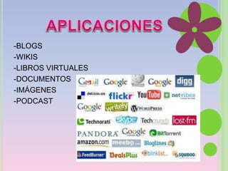 -BLOGS 
-WIKIS 
-LIBROS VIRTUALES 
-DOCUMENTOS 
-IMÁGENES 
-PODCAST 
 