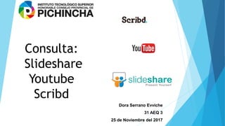 Consulta:
Slideshare
Youtube
Scribd
Dora Serrano Evviche
31 AEQ 3
25 de Noviembre del 2017
 