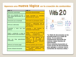 Aparece una nueva lógica en la creación de contenidos
“La Web de documentos se ha
transformado en la Web de
datos. Ya no estamos
simplemente buscando las
mismas viejas fuentes de
información.
Ahora estamos buscando un
nuevo grupo de herramientas
para agregar y remixar micro
contenido de maneras útiles."
 