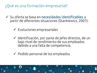  Su oferta se basa en necesidades identificables a
partir de diferentes situaciones (Stankiewicz, 2007):
 Evoluciones empresariales
 Identificación, por parte de jefes directos, de un
bajo nivel de rendimiento de sus empleados
debido a una falta de competencia.
 Pedido personal de los empleados
¿Qué es una formación empresarial?
 