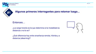 Algunos primeros interrogantes para retomar luego...
#1
Entonces…
¿La carga horaria es la que determina si la modalidad es
distancia o no lo es?
¿Qué diferencia hay entre enseñanza remota, híbrida y a
distancia (elearning)?
 