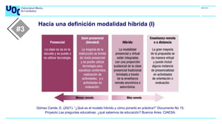 Hacia una definición modalidad híbrida (I)
Gómez Caride, E. (2021). “¿Qué es el modelo híbrido y cómo ponerlo en práctica?” Documento No 15.
Proyecto Las preguntas educativas: ¿qué sabemos de educación? Buenos Aires: CIAESA.
#3
 