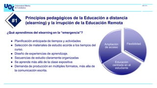 Principios pedagógicos de la Educación a distancia
(elearning) y la irrupción de la Educación Remota
¿Qué aprendimos del elearning en la “emergencia”?
● Planificación anticipada de tiempos y actividades
● Selección de materiales de estudio acorde a los tiempos del
curso.
● Diseño de experiencias de aprendizaje.
● Secuencias de estudio claramente organizadas
● Se aprende más allá de la clase expositiva
● Demanda de producción en múltiples formatos, más alla de
la comunicación escrita.
#1
Flexibilidad
Educación
centrada en el
estudiante
Ampliación
de acceso
 