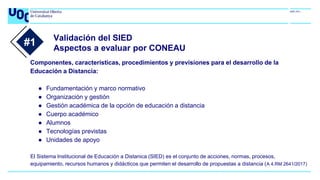 Validación del SIED
Aspectos a evaluar por CONEAU
Componentes, características, procedimientos y previsiones para el desarrollo de la
Educación a Distancia:
● Fundamentación y marco normativo
● Organización y gestión
● Gestión académica de la opción de educación a distancia
● Cuerpo académico
● Alumnos
● Tecnologías previstas
● Unidades de apoyo
El Sistema Institucional de Educación a Distanica (SIED) es el conjunto de acciones, normas, procesos,
equipamiento, recursos humanos y didácticos que permiten el desarrollo de propuestas a distancia (A 4.RM 2641/2017)
#1
 