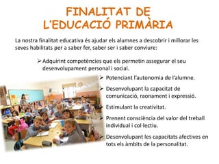 FINALITAT DE
L’EDUCACIÓ PRIMÀRIA
La nostra finalitat educativa és ajudar els alumnes a descobrir i millorar les
seves habilitats per a saber fer, saber ser i saber conviure:
Adquirint competències que els permetin assegurar el seu
desenvolupament personal i social.
 Potenciant l’autonomia de l’alumne.
 Desenvolupant la capacitat de
comunicació, raonament i expressió.
 Estimulant la creativitat.
 Prenent consciència del valor del treball
individual i col·lectiu.
 Desenvolupant les capacitats afectives en
tots els àmbits de la personalitat.
 