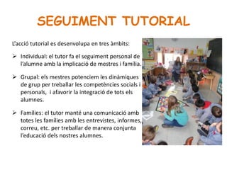 SEGUIMENT TUTORIAL
L’acció tutorial es desenvolupa en tres àmbits:
 Individual: el tutor fa el seguiment personal de
l’alumne amb la implicació de mestres i família.
 Grupal: els mestres potenciem les dinàmiques
de grup per treballar les competències socials i
personals, i afavorir la integració de tots els
alumnes.
 Famílies: el tutor manté una comunicació amb
totes les famílies amb les entrevistes, informes,
correu, etc. per treballar de manera conjunta
l’educació dels nostres alumnes.
 