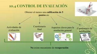 10.4 CONTROL DE EVALUACIÓN
Obtener al menos una calificación de 5
puntos en:
Actividades de
evaluación
Cuestionario
final
Aspectos claves para la
resolución general
No existe mecanismo de recuperación
Cuestionario de
satisfacción
 