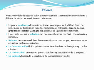 Valores 
Nuestro modelo de negocio sobre el que se sostiene la estrategia de crecimiento y 
diferenciación en los servicios está orientado a: 
 Lograr la confianza de nuestros clientes y conseguir su fidelidad. Para ello 
ponemos a su disposición expertos profesionales colegiados (economistas, 
graduados sociales y abogados), con más de 15 años de experiencia. 
 Hacer más intensa la relación con nuestros clientes a través del trato directo y 
personal. 
 Adaptar nuestros servicios a los nuevos tiempos para proporcionar soluciones 
actuales a problemas actuales. 
 La Comunicación fluida y sincera entre los miembros de la empresa y con los 
clientes. 
 La Honestidad: orientado a generar confianza y credibilidad de la empresa. 
 La Calidad, buscando la excelencia de los servicios prestados 
 