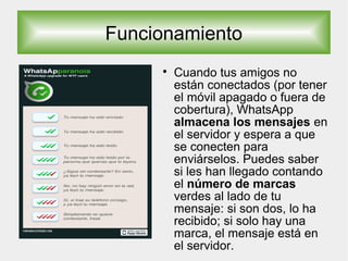 Funcionamiento

Cuando tus amigos no
están conectados (por tener
el móvil apagado o fuera de
cobertura), WhatsApp
almacena los mensajes en
el servidor y espera a que
se conecten para
enviárselos. Puedes saber
si les han llegado contando
el número de marcas
verdes al lado de tu
mensaje: si son dos, lo ha
recibido; si solo hay una
marca, el mensaje está en
el servidor.
 