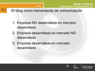 El blog como herramienta de comunicación Empresa NO desarrollada en mercado desarrollado Empresa desarrollada en mercado NO desarrollado Empresa desarrollada en mercado desarrollado 3.1 