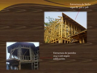 Estructura de paredes
2x4 o 2x6 según
edificación.
Estructura de Techo
vigas de 3x6 o 3x8
 