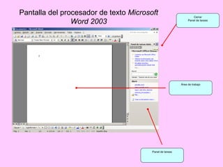 Pantalla del procesador de texto  Microsoft Word 2003 Cerrar Panel de tareas Área de trabajo Panel de tareas 