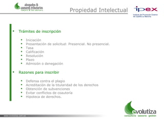 Propiedad Intelectual


   Trámites de inscripción

        Iniciación
        Presentación de solicitud: Presencial. No presencial.
        Tasa
        Calificación
        Resolución
        Plazo
        Admisión o denegación

   Razones para inscribir

        Defensa contra el plagio
        Acreditación de la titularidad de los derechos
        Obtención de subvenciones
        Evitar conflictos de coautoría
        Hipoteca de derechos.
 