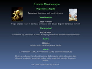 De primer una Tapeta Panadons:   d’espinacs amb pernil i pinyons.     Per començar   Crepe de bolets Crepe farçit de variat de bolets de temporada amb dauets de penil iberic i suc de rostit     Plat principal   Rap de platja tournedó de rap de costa a la paella acompanyat amb una minisanfaina amb cloisses     Postre   Milfulles milfulles amb crema lleugera de vainilla     Preus: 2 comensales (120€), 4 comensales (230€), 6 comensales (340€),   Els preus inclueixen la selecció i compra de la materia prima, elaboració dels aliments, emplatat y servei dels plats a taula, neteja dels utensilis de cuina i  taulells. Los preus no inclouen el 4% de ISI.     Exemple: Menú Maragda 