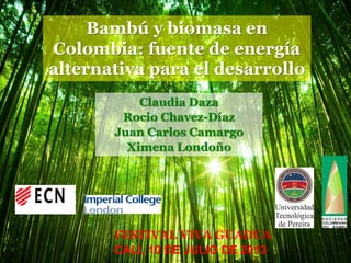Bambú y biomasa en
Colombia: fuente de energía
alternativa para el desarrollo
Claudia Daza
Rocio Chavez-Díaz
Juan Carlos Camargo
Ximena Londoño

FESTIVAL VIVA GUADUA
CALI, 10 DE JULIO DE 2013

 