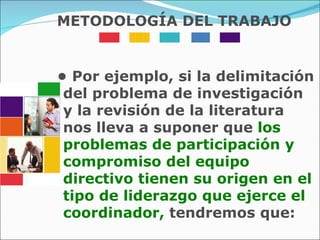 •  Por ejemplo, si la delimitación del problema de investigación y la revisión de la literatura nos lleva a suponer que   los problemas de participación y compromiso del equipo directivo tienen su origen en el tipo de liderazgo que ejerce el coordinador,   tendremos que: METODOLOGÍA DEL TRABAJO 