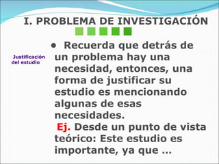 •  Recuerda que detrás de un problema hay una necesidad, entonces, una forma de justificar su estudio es mencionando algunas de esas necesidades. Ej.  Desde un punto de vista teórico: Este estudio es  importante, ya que … Justificación  del estudio I. PROBLEMA DE INVESTIGACIÓN 