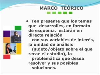 MARCO  TEÓRICO  •  Ten presente que los temas que  desarrolles, en formato de esquema,  estarán en directa relación  con sus variables de interés, la unidad de análisis  (sujeto/objeto sobre el que recae el estudio), la problemática que desea resolver y sus posibles  soluciones. 