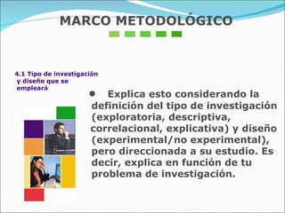 MARCO METODOLÓGICO 4.1 Tipo de investigación y diseño que se  empleará •  Explica esto considerando la definición del tipo de investigación (exploratoria, descriptiva, correlacional, explicativa) y diseño (experimental/no experimental), pero direccionada a su estudio. Es decir, explica en función de tu problema de investigación.  