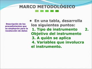 Descripción de los procedimientos que  se emplearán para la recolección de datos •  En una tabla, desarrolla los siguientes puntos: 1. Tipo de instrumento  2. Objetivo del instrumento  3. A quién se aplica  4. Variables que involucra el instrumento. MARCO METODOLÓGICO 